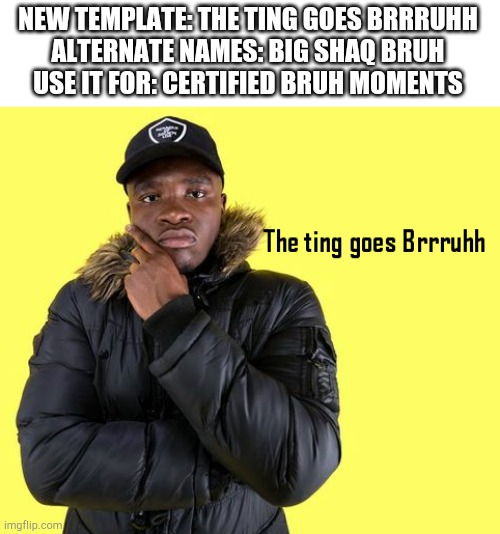 The ting goes brrruhh | NEW TEMPLATE: THE TING GOES BRRRUHH
ALTERNATE NAMES: BIG SHAQ BRUH
USE IT FOR: CERTIFIED BRUH MOMENTS | image tagged in the ting goes brrruhh | made w/ Imgflip meme maker