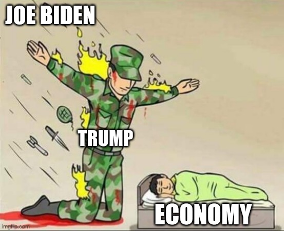 why tho | JOE BIDEN; TRUMP; ECONOMY | image tagged in soldier protecting sleeping child | made w/ Imgflip meme maker