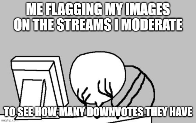 how to see how many downvotes u have | ME FLAGGING MY IMAGES ON THE STREAMS I MODERATE; TO SEE HOW MANY DOWNVOTES THEY HAVE | image tagged in memes,computer guy facepalm | made w/ Imgflip meme maker