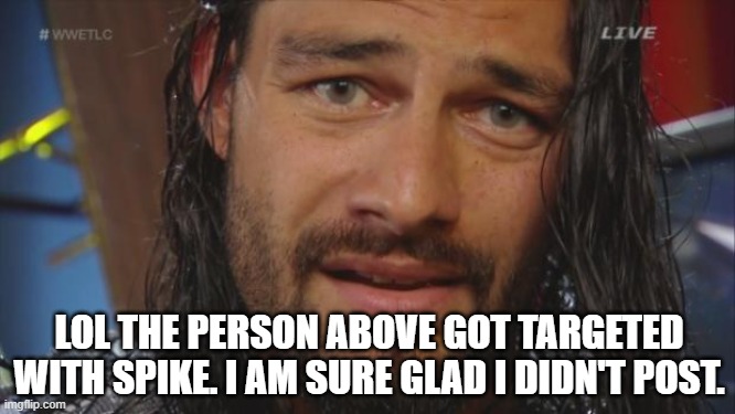 Roman Reigns LOL | LOL THE PERSON ABOVE GOT TARGETED WITH SPIKE. I AM SURE GLAD I DIDN'T POST. | image tagged in roman reigns lol | made w/ Imgflip meme maker