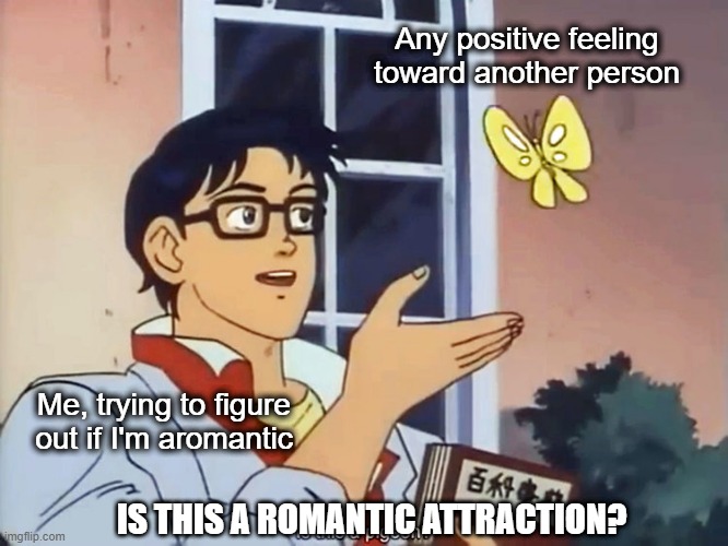 Tough to tell huh? | Any positive feeling toward another person; Me, trying to figure out if I'm aromantic; IS THIS A ROMANTIC ATTRACTION? | image tagged in anime butterfly meme | made w/ Imgflip meme maker