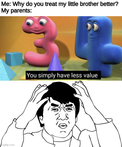 parents suck until you move out and then they play nice | Me: Why do you treat my little brother better?
My parents: | image tagged in you simply have less value,jackie chan | made w/ Imgflip meme maker
