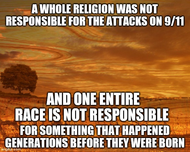 meme brown landscape muted | A WHOLE RELIGION WAS NOT RESPONSIBLE FOR THE ATTACKS ON 9/11; AND ONE ENTIRE RACE IS NOT RESPONSIBLE; FOR SOMETHING THAT HAPPENED GENERATIONS BEFORE THEY WERE BORN | image tagged in meme brown landscape muted | made w/ Imgflip meme maker