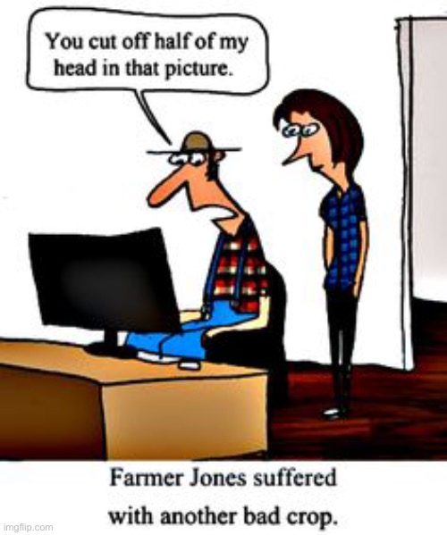 bad crop in the farmer’s picture | image tagged in comics/cartoons,funny,bad crop,farmer,pictures,play on words | made w/ Imgflip meme maker