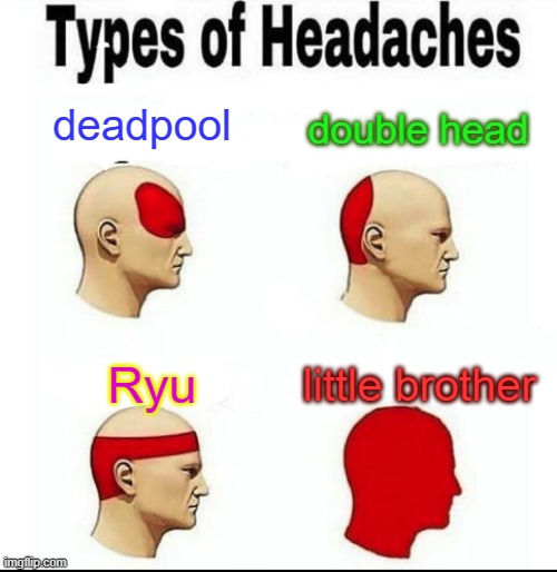 Types of Headaches meme | deadpool; double head; little brother; Ryu | image tagged in types of headaches meme | made w/ Imgflip meme maker