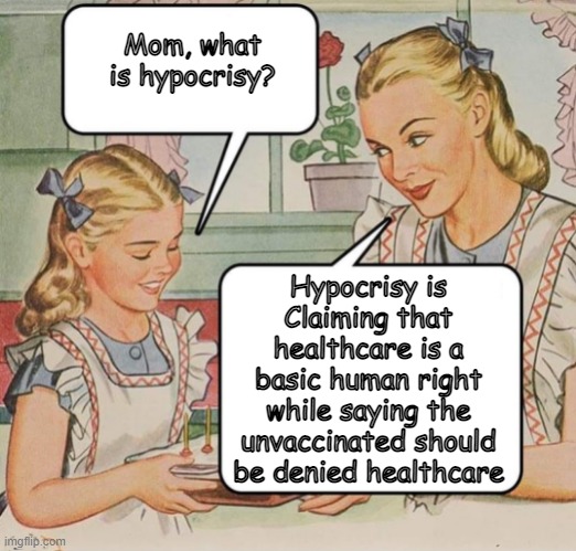 Mom What Is Hypocrisy | Mom, what is hypocrisy? Hypocrisy is Claiming that healthcare is a basic human right while saying the unvaccinated should be denied healthcare | made w/ Imgflip meme maker