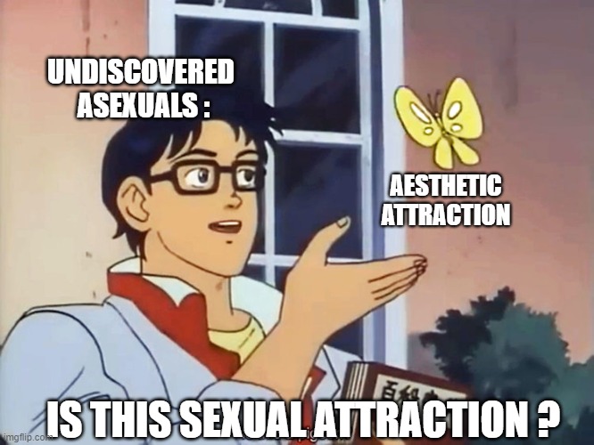 Takes time to find out | UNDISCOVERED 
ASEXUALS :; AESTHETIC ATTRACTION; IS THIS SEXUAL ATTRACTION ? | image tagged in anime butterfly meme,asexual,attraction | made w/ Imgflip meme maker