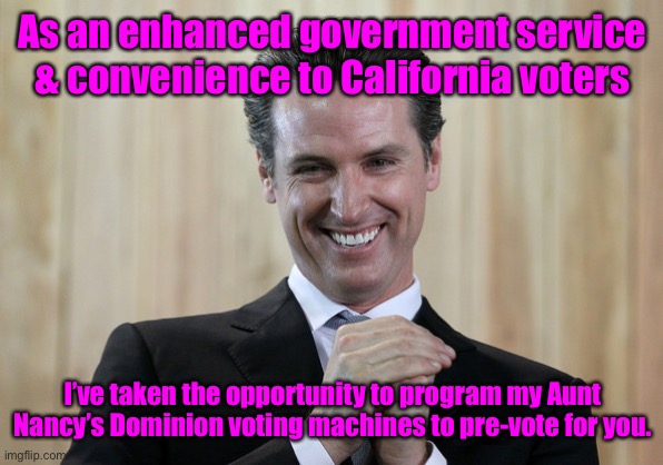 Scheming Gavin Newsom  | As an enhanced government service & convenience to California voters I’ve taken the opportunity to program my Aunt Nancy’s Dominion voting m | image tagged in scheming gavin newsom | made w/ Imgflip meme maker
