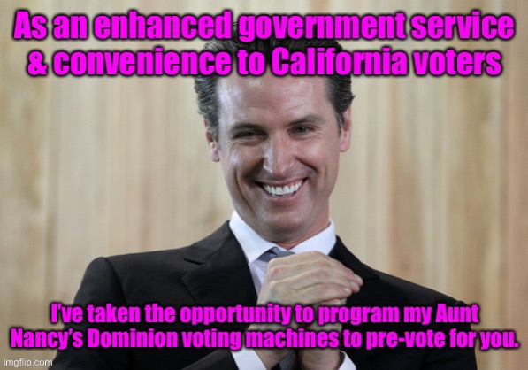 And Newsom has already called the election | image tagged in gavin newsom,california governor recall election,dominion voting machines,nancy pelosi investment,pre vote | made w/ Imgflip meme maker