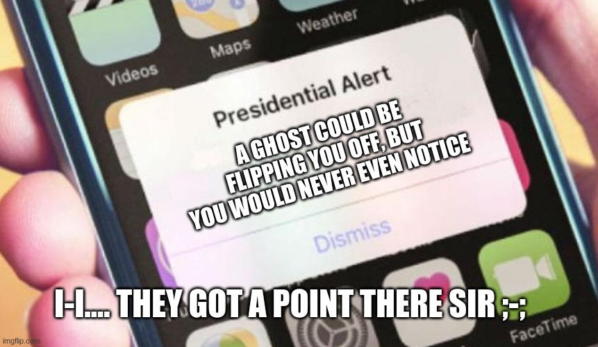 Just.... | A GHOST COULD BE FLIPPING YOU OFF, BUT YOU WOULD NEVER EVEN NOTICE; I-I.... THEY GOT A POINT THERE SIR ;-; | image tagged in memes,presidential alert | made w/ Imgflip meme maker