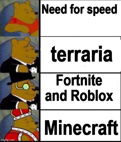 they all top tier except NFS | Need for speed; terraria; Fortnite and Roblox; Minecraft | image tagged in winnie the pooh 4,fortnite,roblox,minecraft,terraria,need for speed | made w/ Imgflip meme maker
