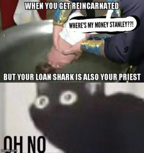 he’ll do anything to get that money back | image tagged in oh no cat,dark humor,funny,reincarnation,loan shark | made w/ Imgflip meme maker
