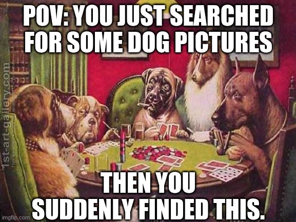 dogs playing poker meme | POV: YOU JUST SEARCHED FOR SOME DOG PICTURES; THEN YOU SUDDENLY FINDED THIS. | image tagged in dog,dogs,doggos,painting,meme,pov | made w/ Imgflip meme maker