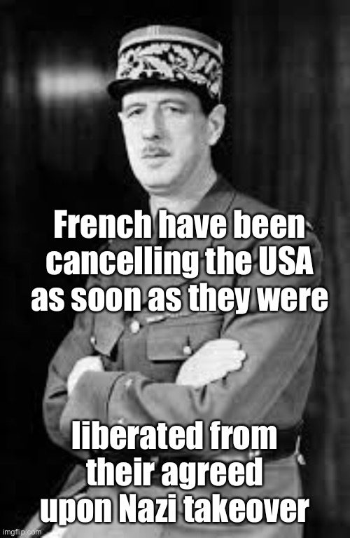 French have been cancelling the USA as soon as they were liberated from their agreed upon Nazi takeover | made w/ Imgflip meme maker