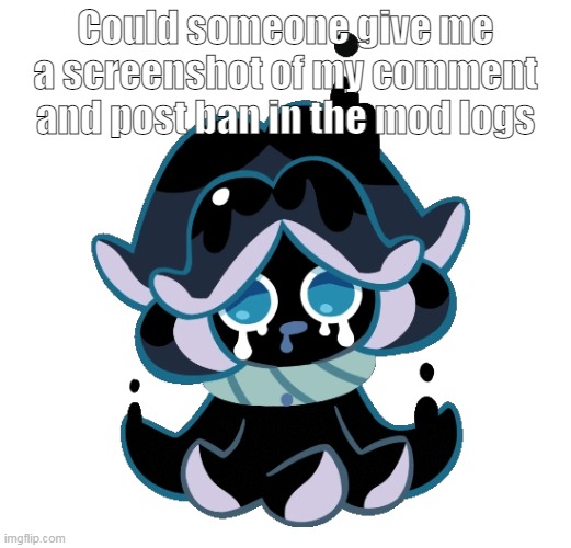squid ink cookie my beloved | Could someone give me a screenshot of my comment and post ban in the mod logs | image tagged in squid ink cookie | made w/ Imgflip meme maker