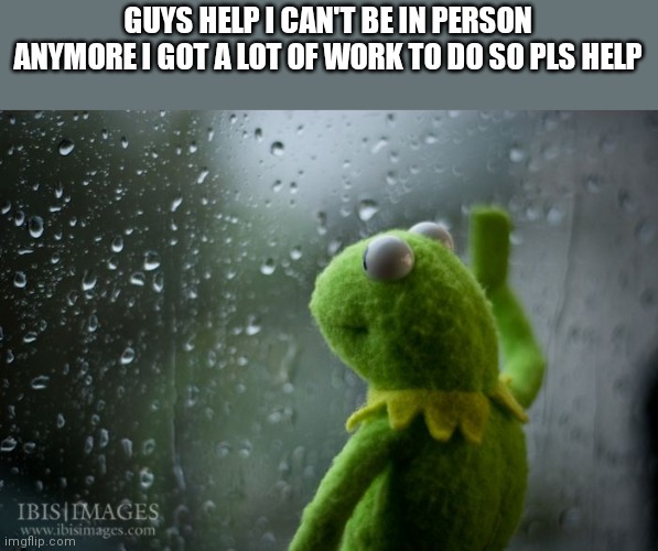 *Sobs* | GUYS HELP I CAN'T BE IN PERSON ANYMORE I GOT A LOT OF WORK TO DO SO PLS HELP | image tagged in sad kermit,memes | made w/ Imgflip meme maker