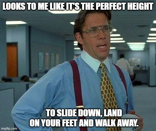 That Would Be Great Meme | LOOKS TO ME LIKE IT'S THE PERFECT HEIGHT TO SLIDE DOWN, LAND ON YOUR FEET AND WALK AWAY. | image tagged in memes,that would be great | made w/ Imgflip meme maker