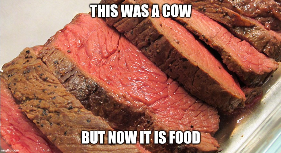 Yum | THIS WAS A COW; BUT NOW IT IS FOOD | image tagged in cow | made w/ Imgflip meme maker