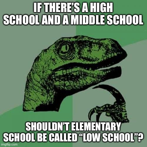 true tho | IF THERE’S A HIGH SCHOOL AND A MIDDLE SCHOOL; SHOULDN’T ELEMENTARY SCHOOL BE CALLED “LOW SCHOOL”? | image tagged in memes,philosoraptor,school,funny,puns | made w/ Imgflip meme maker
