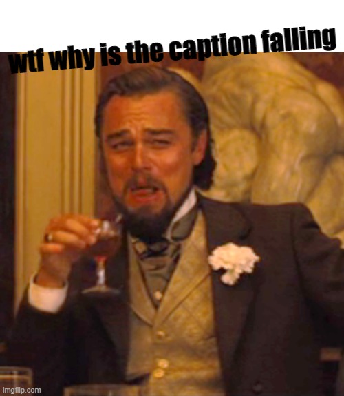 What happened to the caption? | wtf why is the caption falling | image tagged in memes,laughing leo | made w/ Imgflip meme maker