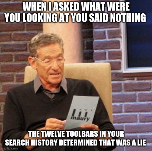 Maury Lie Detector | WHEN I ASKED WHAT WERE YOU LOOKING AT YOU SAID NOTHING; THE TWELVE TOOLBARS IN YOUR SEARCH HISTORY DETERMINED THAT WAS A LIE | image tagged in memes,maury lie detector | made w/ Imgflip meme maker