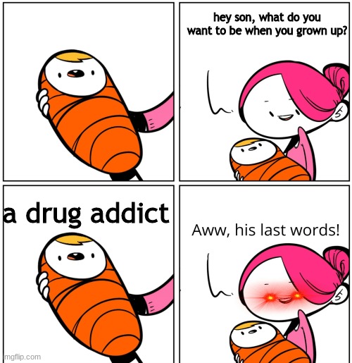 Aww, His Last Words | hey son, what do you want to be when you grown up? a drug addict | image tagged in aww his last words | made w/ Imgflip meme maker