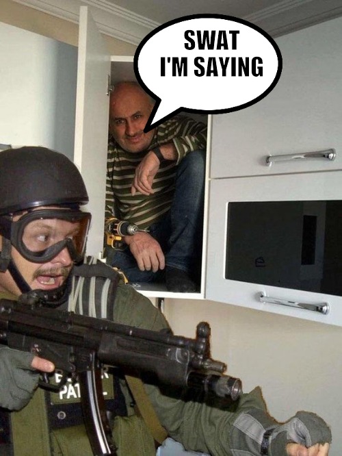 SWAT I MEAN |  SWAT I'M SAYING | image tagged in man hiding in cubboard from swat template | made w/ Imgflip meme maker