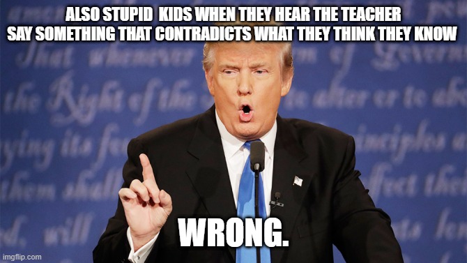 Donald Trump Wrong | ALSO STUPID  KIDS WHEN THEY HEAR THE TEACHER SAY SOMETHING THAT CONTRADICTS WHAT THEY THINK THEY KNOW WRONG. | image tagged in donald trump wrong | made w/ Imgflip meme maker