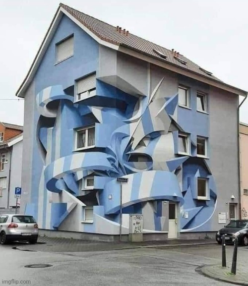 Just paint.  Walls are straight.  House in Germany | image tagged in crazy,house,paint,optical illusion,germany | made w/ Imgflip meme maker