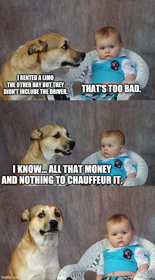 Service these days... | I RENTED A LIMO THE OTHER DAY BUT THEY DIDN'T INCLUDE THE DRIVER. THAT'S TOO BAD. I KNOW... ALL THAT MONEY AND NOTHING TO CHAUFFEUR IT. | image tagged in memes,dad joke dog | made w/ Imgflip meme maker