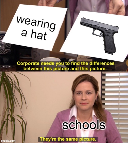 They're The Same Picture Meme | wearing a hat; schools | image tagged in memes,they're the same picture,gun,hats,clothing,comparison | made w/ Imgflip meme maker