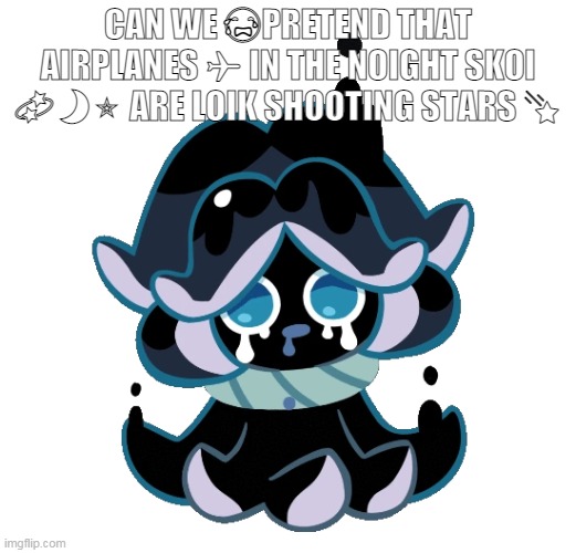 CAN WE ?PRETEND THAT AIRPLANES ✈️ IN THE NOIGHT SKOI ??⭐️ ARE LOIK SHOOTING STARS ? | CAN WE 😭PRETEND THAT AIRPLANES ✈️ IN THE NOIGHT SKOI 💫🌙⭐️ ARE LOIK SHOOTING STARS 🌠 | image tagged in squid ink cookie | made w/ Imgflip meme maker