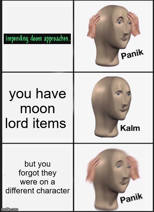 Panik Kalm Panik Meme | you have moon lord items; but you forgot they were on a different character | image tagged in memes,panik kalm panik | made w/ Imgflip meme maker