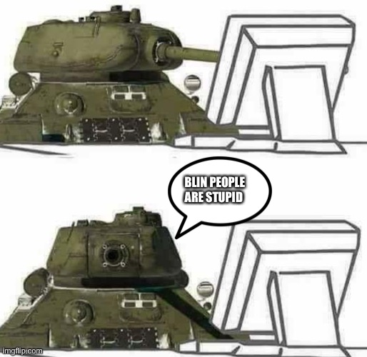 T-34 react | BLIN PEOPLE ARE STUPID | image tagged in t-34 react | made w/ Imgflip meme maker