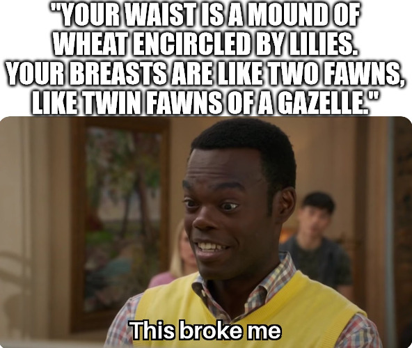 Song of Solomon | "YOUR WAIST IS A MOUND OF WHEAT ENCIRCLED BY LILIES.
YOUR BREASTS ARE LIKE TWO FAWNS, LIKE TWIN FAWNS OF A GAZELLE." | image tagged in this broke me,dank,christian,memes | made w/ Imgflip meme maker