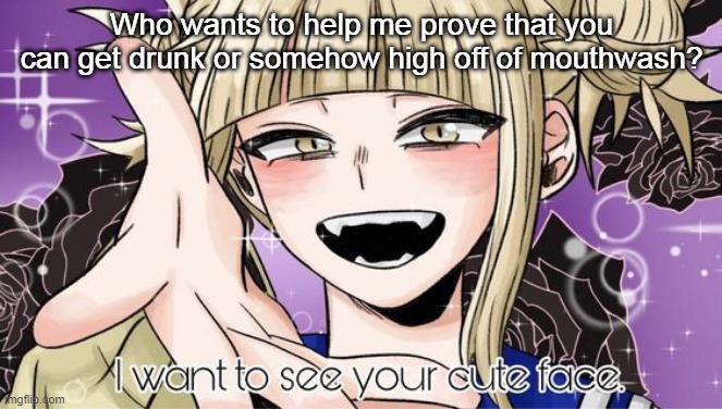 Who wants to help me prove that you can get drunk or somehow high off of mouthwash? | image tagged in toga cute face | made w/ Imgflip meme maker