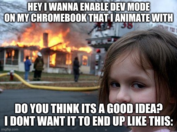 its to get vr chat | HEY I WANNA ENABLE DEV MODE ON MY CHROMEBOOK THAT I ANIMATE WITH; DO YOU THINK ITS A GOOD IDEA? I DONT WANT IT TO END UP LIKE THIS: | image tagged in disaster girl | made w/ Imgflip meme maker