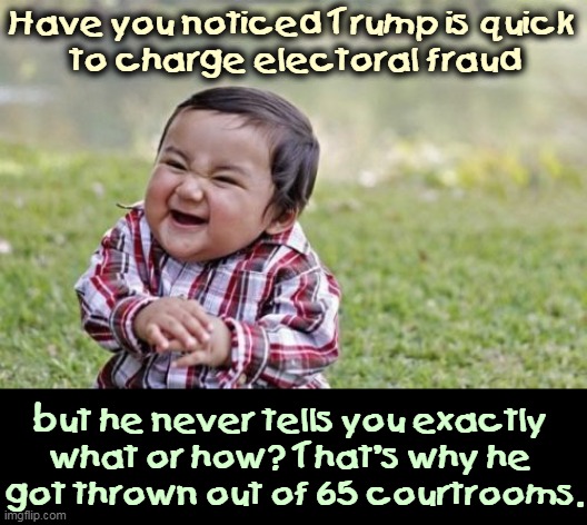 Zero evidence. 65 courtrooms from coast to coast. Nothing. | Have you noticed Trump is quick 
to charge electoral fraud; but he never tells you exactly 

what or how? That's why he 
got thrown out of 65 courtrooms. | image tagged in memes,evil toddler,election fraud,bull,fake,accused | made w/ Imgflip meme maker