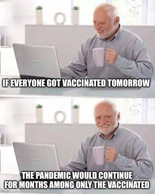Think about it! | IF EVERYONE GOT VACCINATED TOMORROW; THE PANDEMIC WOULD CONTINUE FOR MONTHS AMONG ONLY THE VACCINATED | image tagged in hide the pain harold,vaccinated still get covid,pandemic | made w/ Imgflip meme maker