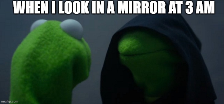 KERMIT | WHEN I LOOK IN A MIRROR AT 3 AM | image tagged in memes,evil kermit | made w/ Imgflip meme maker