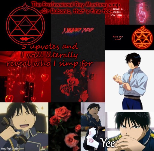 I am a professional Roy Mustang simp | 5 upvotes and I will literally reveal who I simp for; Yee | image tagged in i am a professional roy mustang simp | made w/ Imgflip meme maker