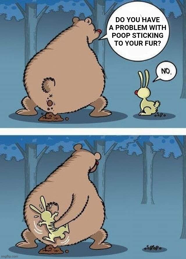 Meanwhile, in the woods | DO YOU HAVE
A PROBLEM WITH
POOP STICKING
TO YOUR FUR? | image tagged in memes,funny memes,animals,poop,meanwhile on imgflip,silly | made w/ Imgflip meme maker