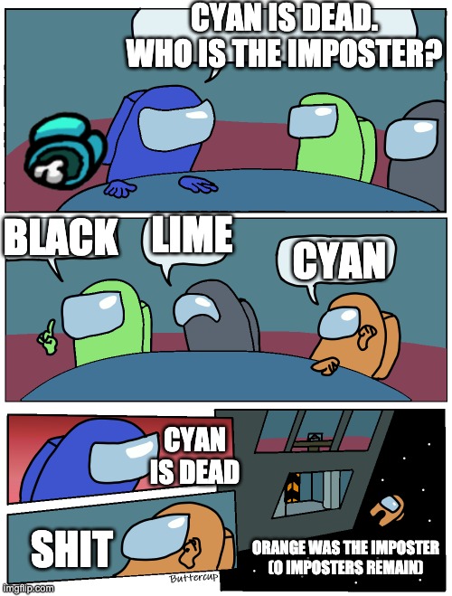 stupid orange | CYAN IS DEAD. WHO IS THE IMPOSTER? LIME; BLACK; CYAN; CYAN IS DEAD; SHIT; ORANGE WAS THE IMPOSTER (0 IMPOSTERS REMAIN) | image tagged in among us table meeting | made w/ Imgflip meme maker