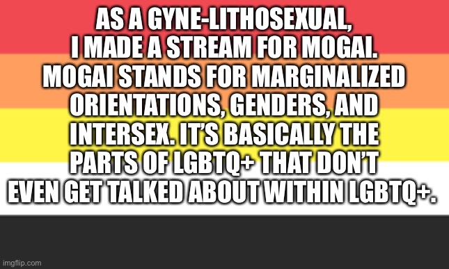 MOGAI | AS A GYNE-LITHOSEXUAL, I MADE A STREAM FOR MOGAI. MOGAI STANDS FOR MARGINALIZED ORIENTATIONS, GENDERS, AND INTERSEX. IT’S BASICALLY THE PARTS OF LGBTQ+ THAT DON’T EVEN GET TALKED ABOUT WITHIN LGBTQ+. | made w/ Imgflip meme maker