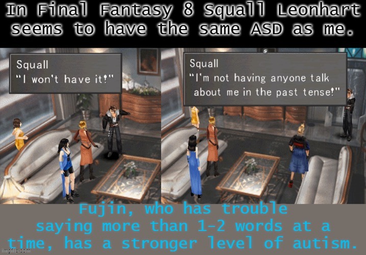 The game hero I identify with most. | image tagged in squall rage,final fantasy,aspergers,autism | made w/ Imgflip meme maker
