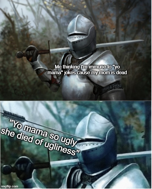 Knight with arrow in helmet | Me thinking I'm immune to ''yo mama'' jokes cause my mom is dead; ''Yo mama so ugly she died of ugliness'' | image tagged in knight with arrow in helmet | made w/ Imgflip meme maker