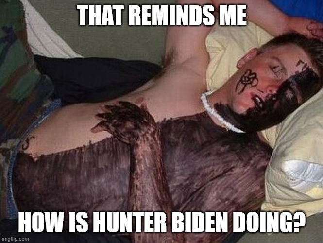 Hunter Biden: Doing America Proud! | THAT REMINDS ME; HOW IS HUNTER BIDEN DOING? | image tagged in drunk oreo,hunter biden,democrats,selective outrage,liberals,dimwits | made w/ Imgflip meme maker