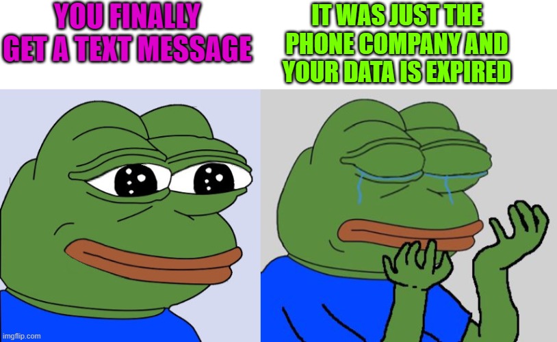 Why pepe? Why | YOU FINALLY GET A TEXT MESSAGE; IT WAS JUST THE PHONE COMPANY AND YOUR DATA IS EXPIRED | image tagged in blank white template,happy pepe,pepe cry | made w/ Imgflip meme maker