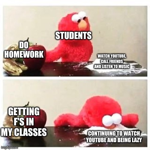 elmo cocaine | STUDENTS; DO HOMEWORK; WATCH YOUTUBE, CALL FRIENDS AND LISTEN TO MUSIC; GETTING F'S IN MY CLASSES; CONTINUING TO WATCH YOUTUBE AND BEING LAZY | image tagged in elmo cocaine | made w/ Imgflip meme maker
