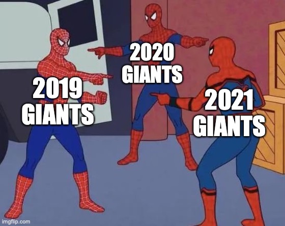 3 Spiderman Pointing | 2020 GIANTS; 2019 GIANTS; 2021 GIANTS | image tagged in 3 spiderman pointing,NYGiants | made w/ Imgflip meme maker